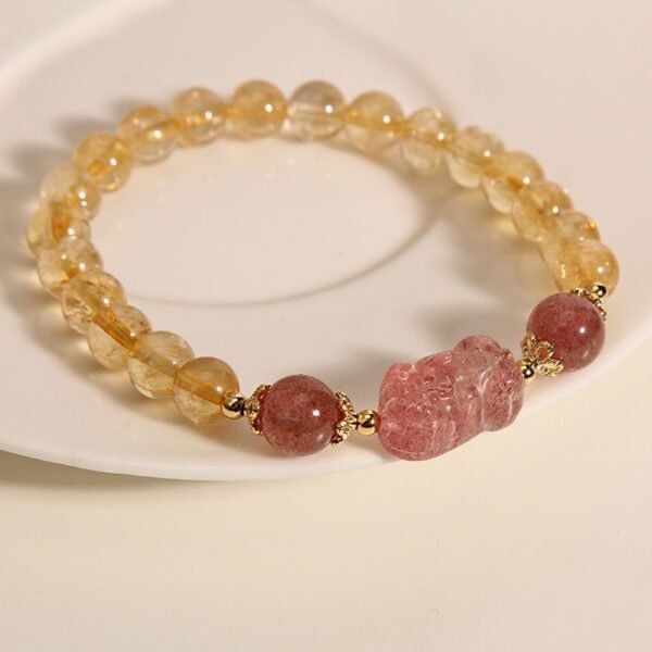 Rutilated Quartz Strawberry Quartz Pixiu Bracelet for Wealth & Love