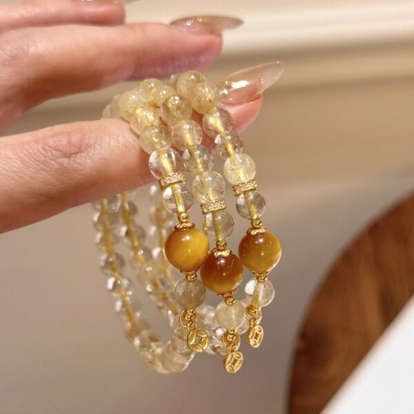Rutilated Quartz bracelet 4 Rutilated Quartz Tigers Eye Bracelet with Coin Charm for Wealth & Opportunity