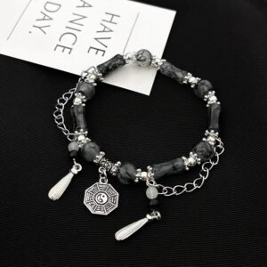 Yin Yang Bagua Silver Pendant Crystal Bracelet for Energy Balance