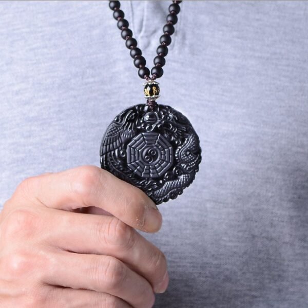 Obsidian Dragon Phoenix Yin Yang Bagua Necklace for Harmony & Protection