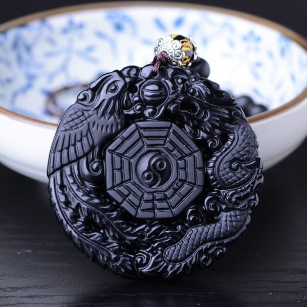 Obsidian Dragon Phoenix Yin Yang Bagua Necklace for Harmony & Protection