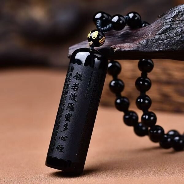 black obsidian 5 Black Obsidian Buddhist Amulet - Heart Sutra Cylinder Pendant for Protection