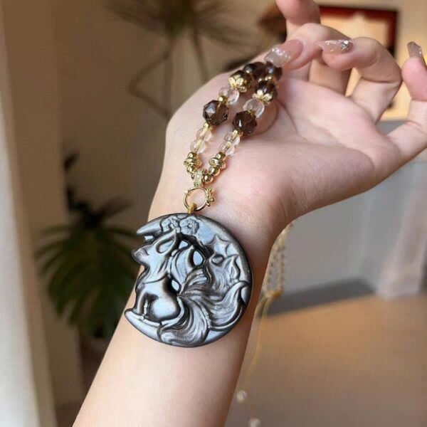 Moon Fox Spirit Necklace - Silver Sheen Obsidian for Protection & Intuition