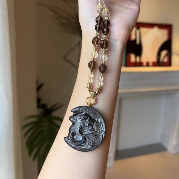 Moon Fox Spirit Necklace - Silver Sheen Obsidian for Protection & Intuition