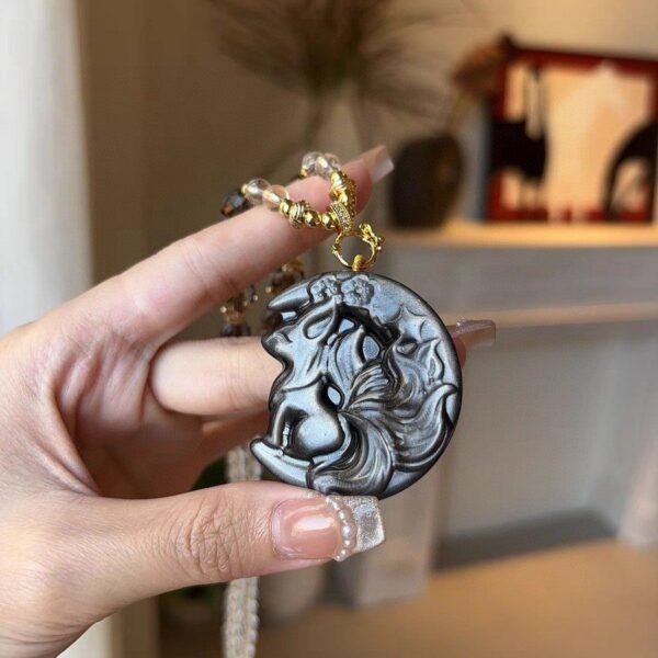 Moon Fox Spirit Necklace - Silver Sheen Obsidian for Protection & Intuition