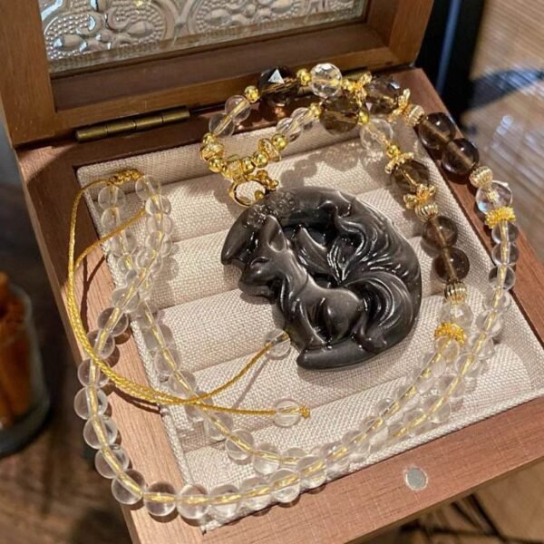 Moon Fox Spirit Necklace - Silver Sheen Obsidian for Protection & Intuition