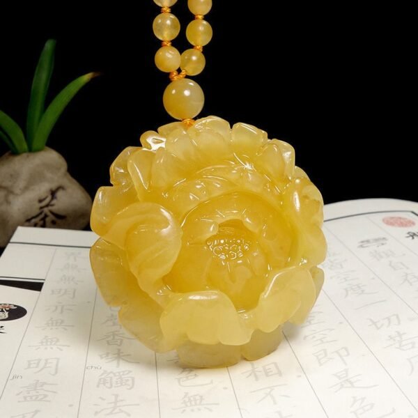 huanglong jade 3 Huanglong Jade Peony Flower Necklace for Wealth & Abundance