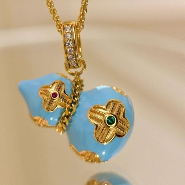 hulu pendant Enamel Four-Leaf Clover Hulu Pendant Necklace for Double Luck & Protection