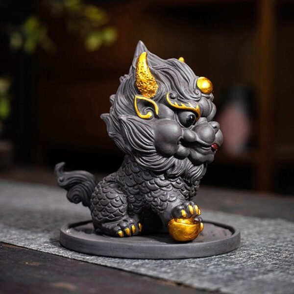 kirin decor Purple Clay Kylin Statue with Bagua Tray for Protection & Energy Balance