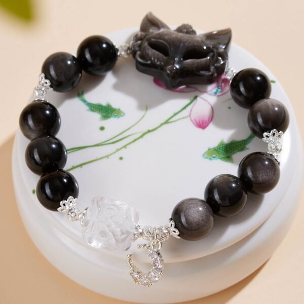 Silver Obsidian Fox Mask Clear Quartz Awakening Lion Bracelet