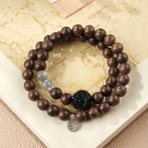 Sandalwood Silver Obsidian Awakening Lion Bracelet for Protection & Courage