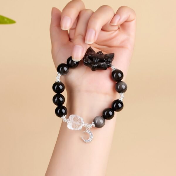 Silver Obsidian Fox Mask Clear Quartz Awakening Lion Bracelet