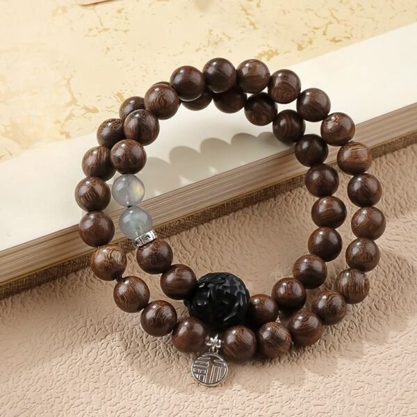 lion dance Sandalwood Silver Obsidian Awakening Lion Bracelet for Protection & Courage