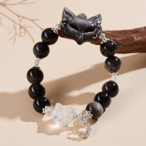 Silver Obsidian Fox Mask Clear Quartz Awakening Lion Bracelet