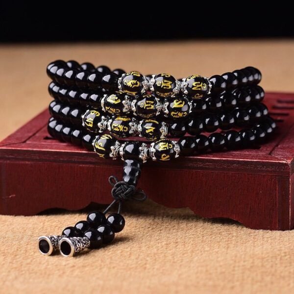 108 Black Obsidian Buddha Beads Bracelet - Six True Words Sacred Mala