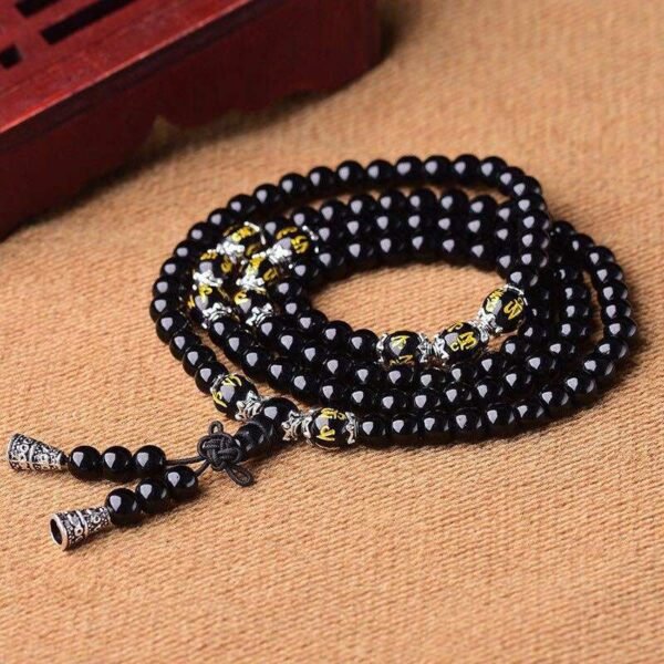 108 Black Obsidian Buddha Beads Bracelet - Six True Words Sacred Mala