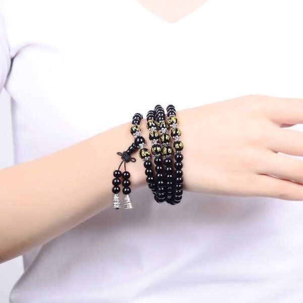 108 Black Obsidian Buddha Beads Bracelet - Six True Words Sacred Mala