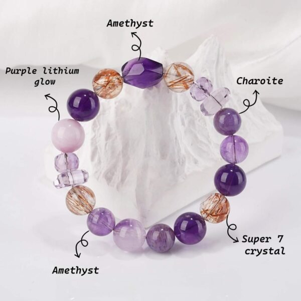 Amethyst, Super 7 Crystal Charoite Bracelet for Energy Healing and Chakra Balancing