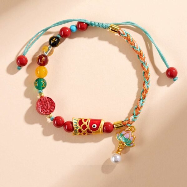 Cinnabar Five God of Wealth Koi Fish Lotus Bracelet for Triple Blessings & Wealth Flow