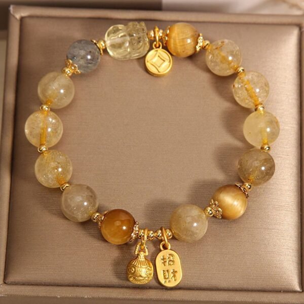 Rutilated Quartz, Tigers Eye, Pixiu & Coin Talisman Wealth Bracelet