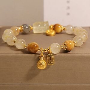 Rutilated Quartz, Tigers Eye, Pixiu & Coin Talisman Wealth Bracelet