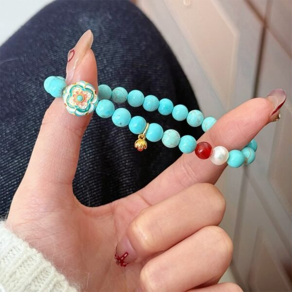 Brass Flower Turquoise Pearl Agate Bracelet for Grounded Protection