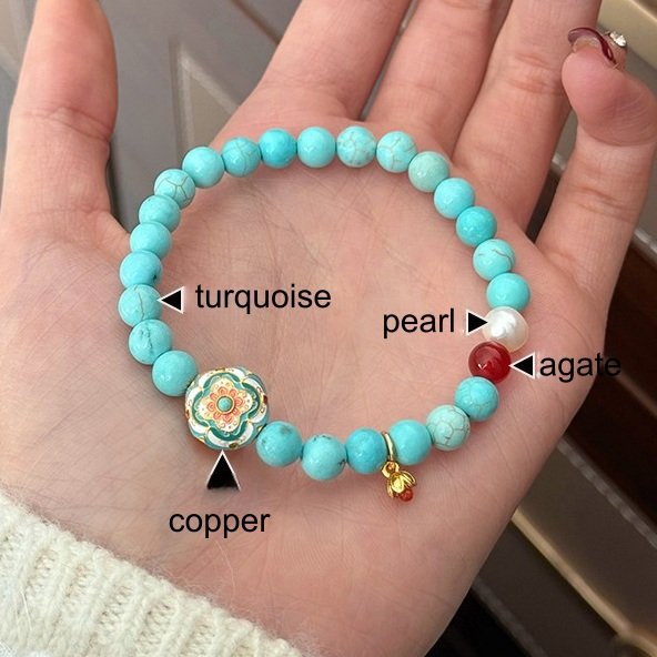 Brass Flower Turquoise Pearl Agate Bracelet for Grounded Protection