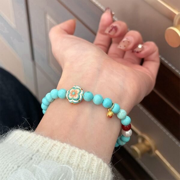 Brass Flower Turquoise Pearl Agate Bracelet for Grounded Protection