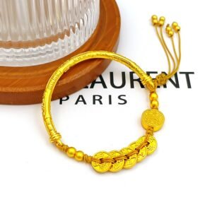 Gold-Plated Five Emperor Coins Five God of Wealth Half Bangle for Wealth & Fortune