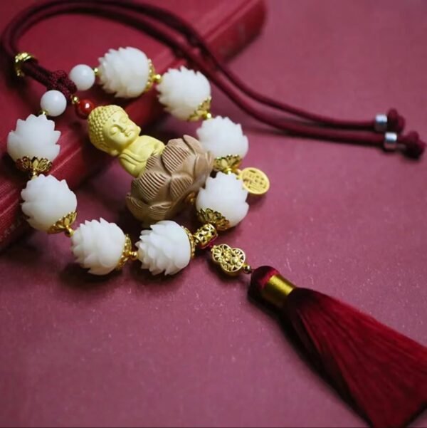 Buddha, Lotus & Red Tassel Car Charm for Protection, Peace and Prosperity