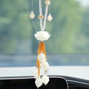 car hanging For Safe Travel: Clear Quartz Lotus Car Hang Ornament with Magnolia Charm Car Pendant